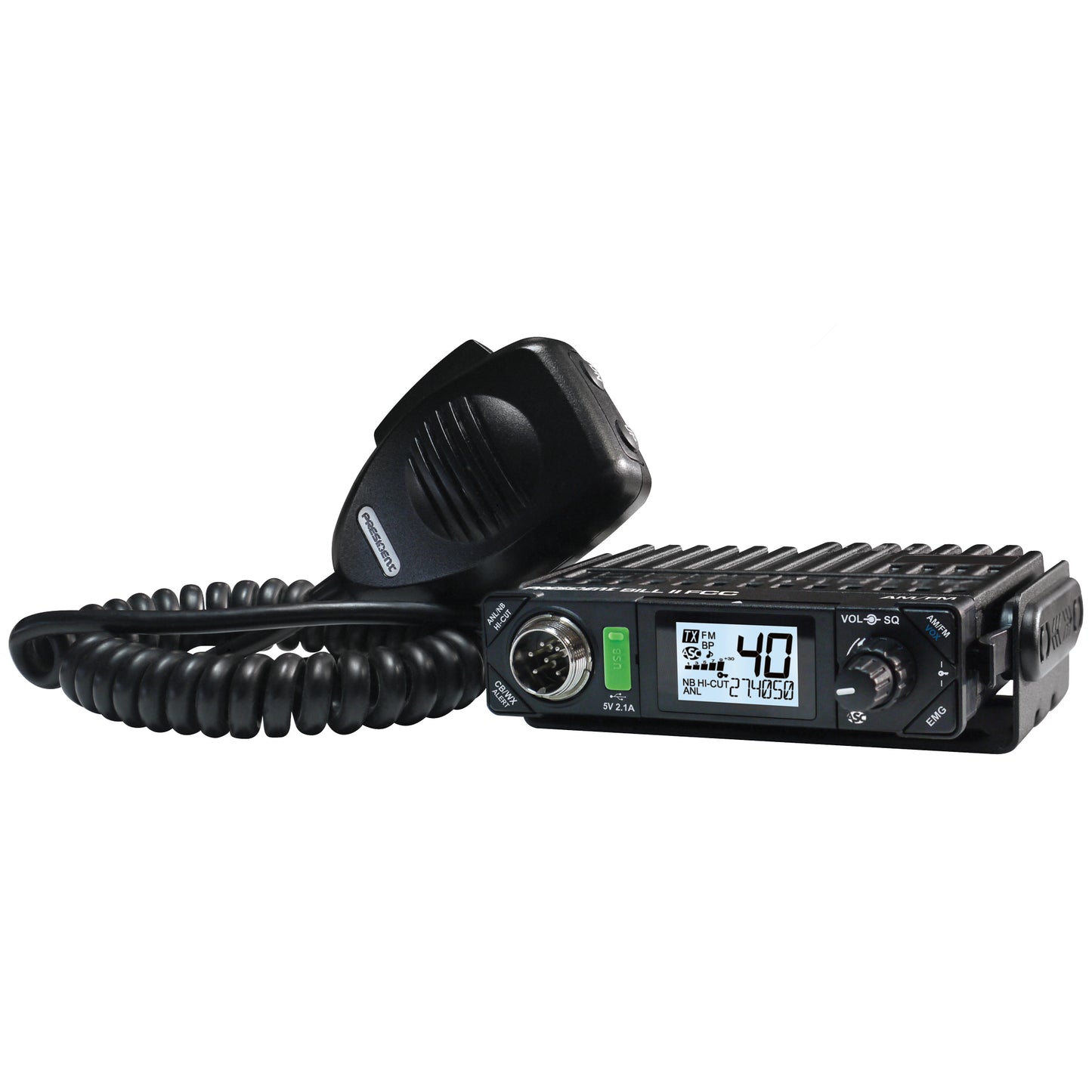 PRESIDENT - BILL II FCC 40 CHANNEL COMPACT AM/FM CB RADIO WITH 7 BACK LIGHT COLORS, WEATHER & VOX