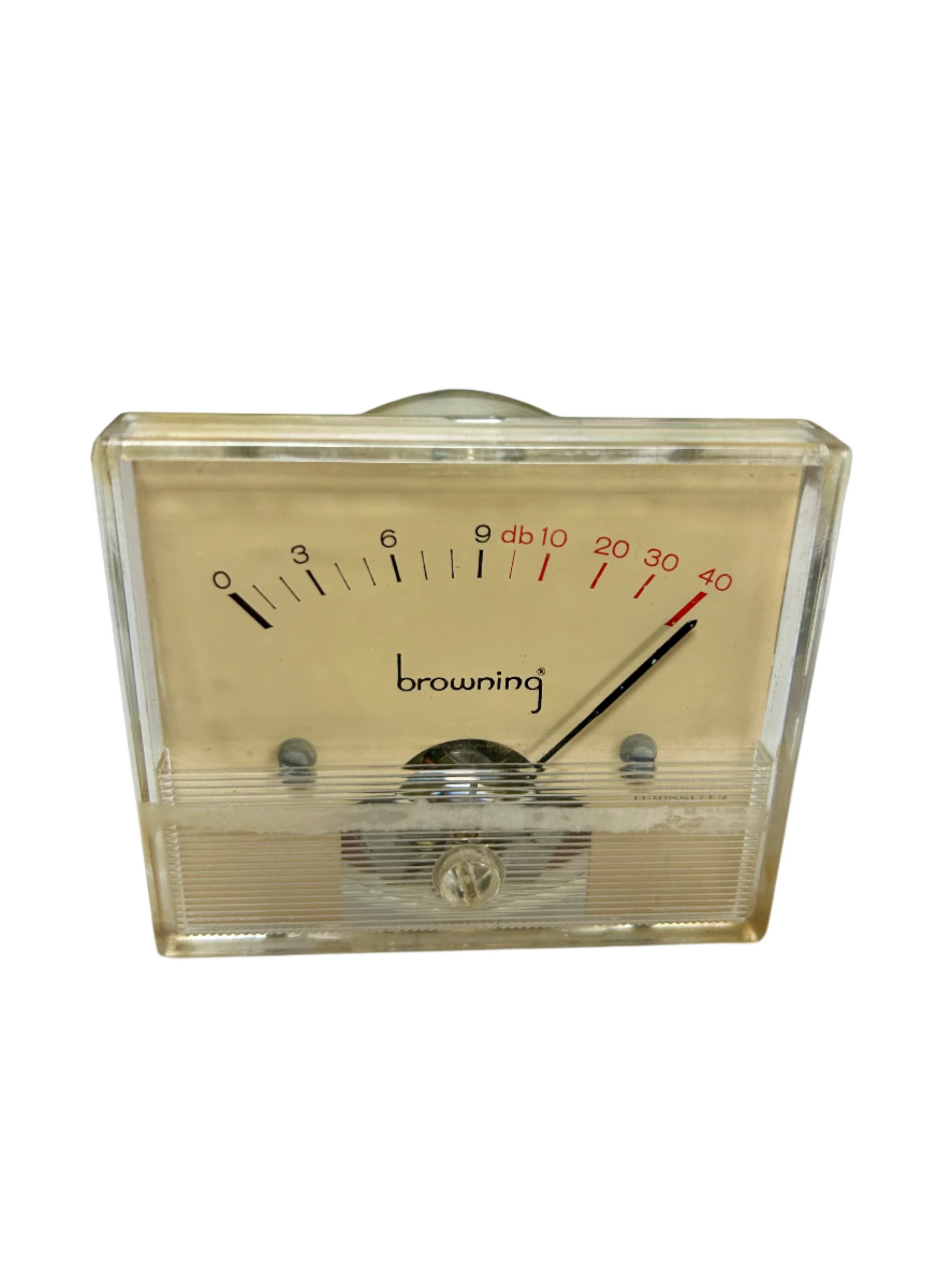 Vintage Browning meter on a desk with a blurred background