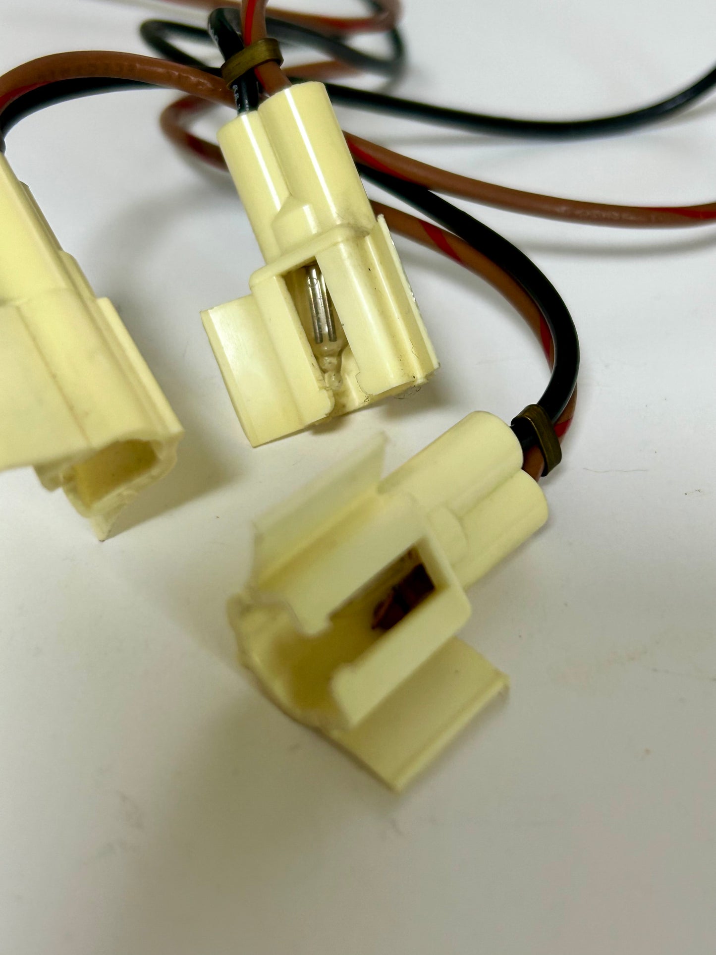 Close-up of beige electrical connectors with wires on a white background