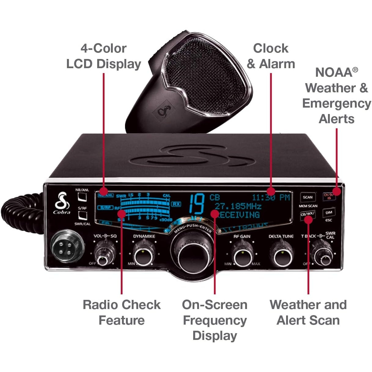 COBRA 29LX 40 CHANNEL TRUCKERS CB RADIO WITH BUILT IN SWR BRIDGE, 10 WEATHER CHANNELS, SELECTABLE 4-COLOR LCD DISPLAY & TALKBACK