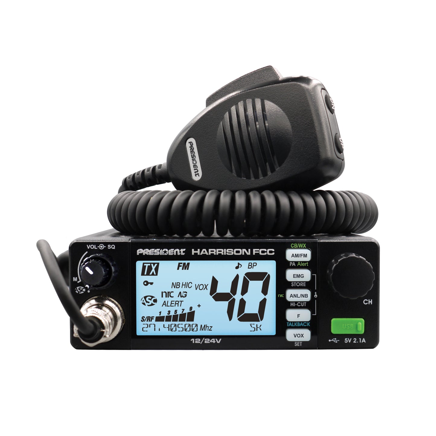 PRESIDENT- HARRISON 40 CHANNEL AM/FM 12-24 VOLT CB RADIO WITH USB PORT & 7 BACKLIGHT COLORS