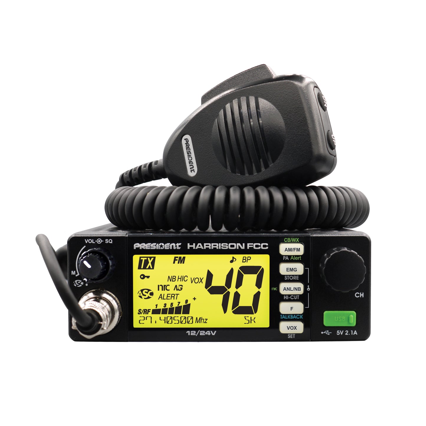 PRESIDENT- HARRISON 40 CHANNEL AM/FM 12-24 VOLT CB RADIO WITH USB PORT & 7 BACKLIGHT COLORS