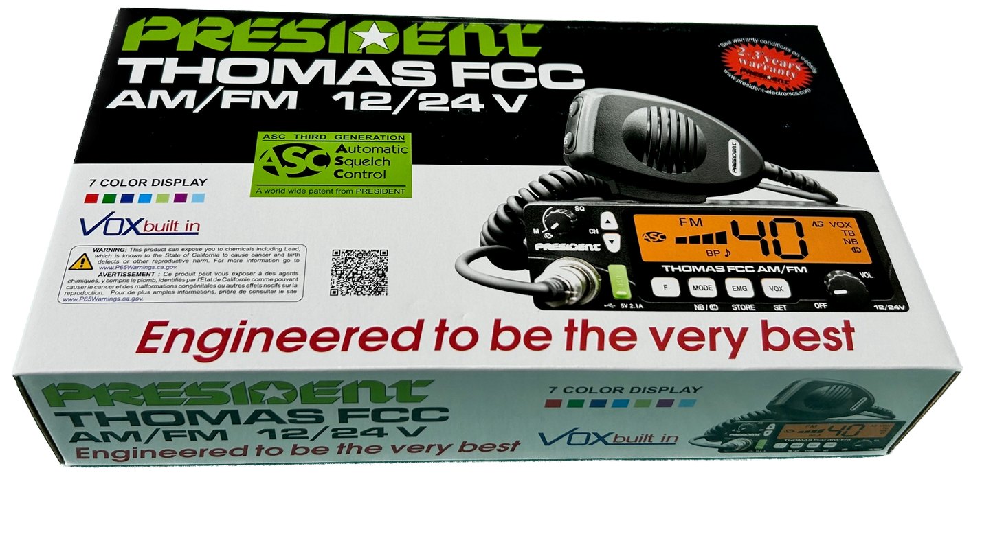 PRESIDENT - THOMAS FCC COMPACT 40 CHANNEL AM/FM CB RADIO WITH 7 COLOR PANEL, USB PORT & VOX.