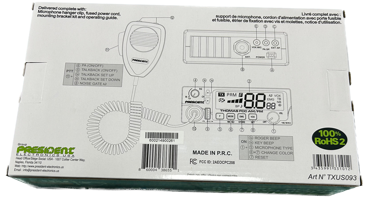 PRESIDENT - THOMAS FCC COMPACT 40 CHANNEL AM/FM CB RADIO WITH 7 COLOR PANEL, USB PORT & VOX.