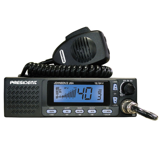 PRESIDENT 12-24VDC MOBILE CB RADIO WITH SELECTABLE 3-COLOR FRONT PANEL, LCD MULTI-FUNCTION DISPLAY, ROGER BEEP, DUAL WATCH & TALKBACK