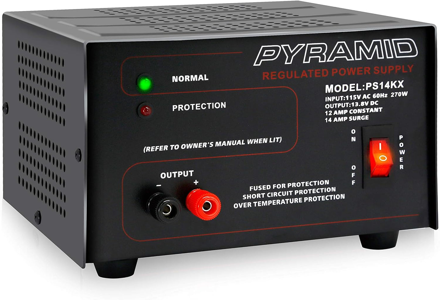 Pyramid Universal Compact Bench Power Supply-12 Amp Linear Regulated Home Lab Benchtop AC-to-Dc 12V Converter w/ 13.8 Volt Dc 115V AC 270 Watt Power Input, Screw Type Terminals, Cooling Fan-PS14KX.5