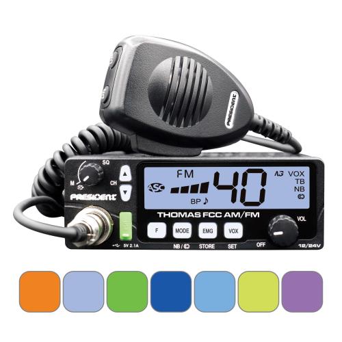 PRESIDENT - THOMAS FCC COMPACT 40 CHANNEL AM/FM CB RADIO WITH 7 COLOR PANEL, USB PORT & VOX.