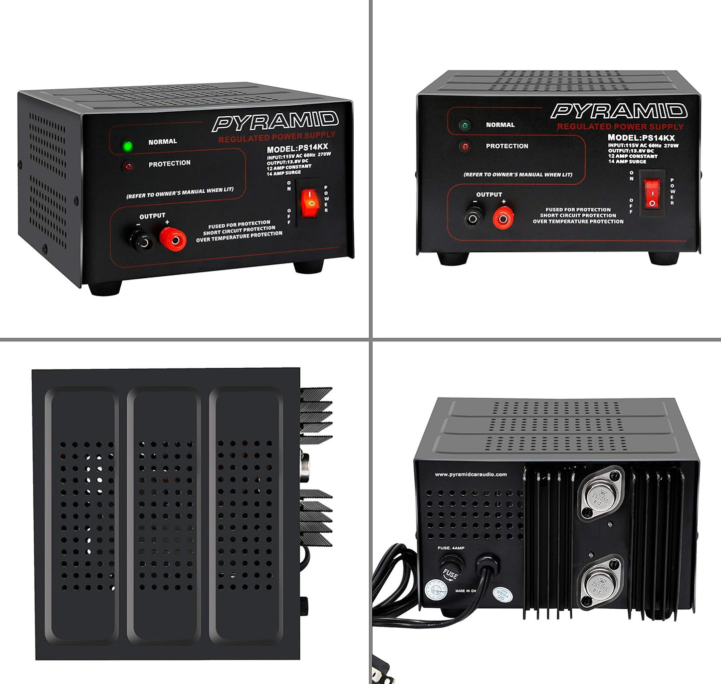 Pyramid Universal Compact Bench Power Supply-12 Amp Linear Regulated Home Lab Benchtop AC-to-Dc 12V Converter w/ 13.8 Volt Dc 115V AC 270 Watt Power Input, Screw Type Terminals, Cooling Fan-PS14KX.5