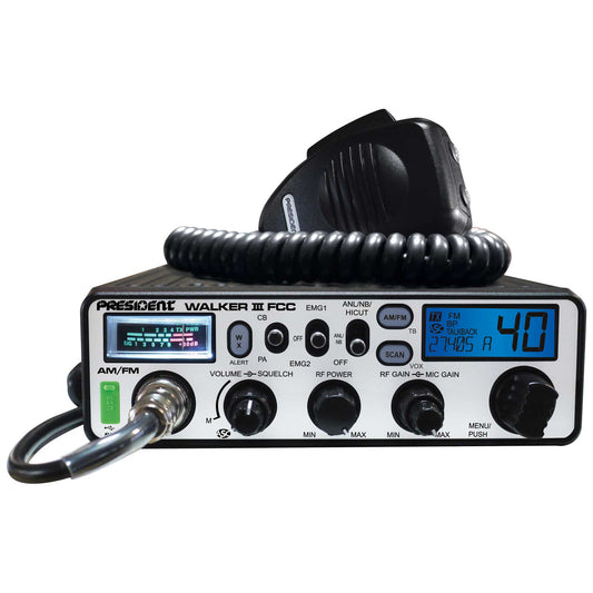 PRESIDENT - WALKER III FCC 40 CHANNEL AM/FM DIN SIZE CB RADIO WITH WEATHER, VOX, USB PORT