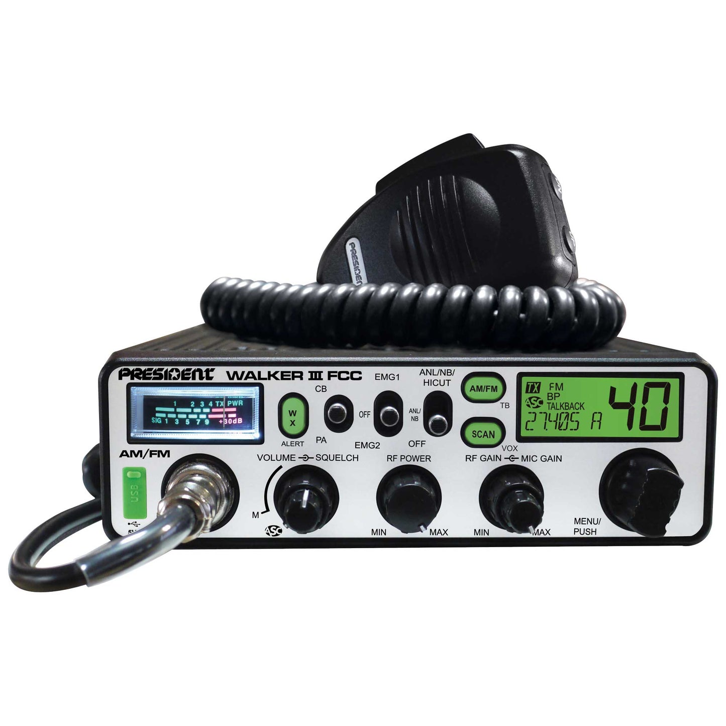 PRESIDENT - WALKER III FCC 40 CHANNEL AM/FM DIN SIZE CB RADIO WITH WEATHER, VOX, USB PORT