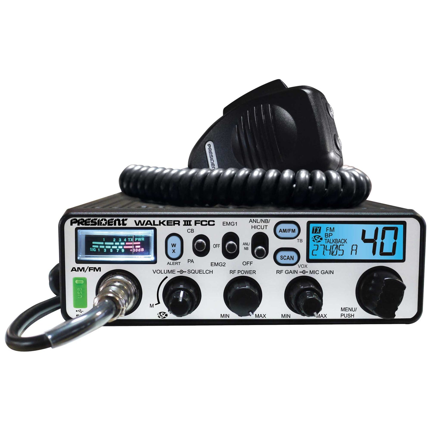 PRESIDENT - WALKER III FCC 40 CHANNEL AM/FM DIN SIZE CB RADIO WITH WEATHER, VOX, USB PORT