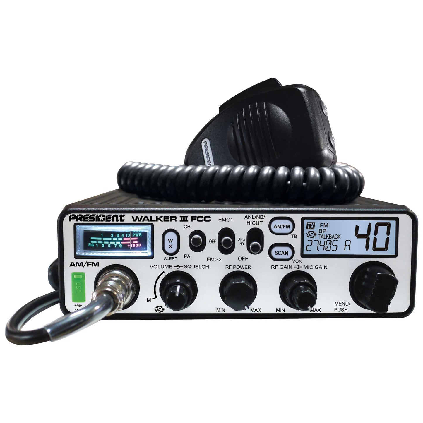 PRESIDENT - WALKER III FCC 40 CHANNEL AM/FM DIN SIZE CB RADIO WITH WEATHER, VOX, USB PORT