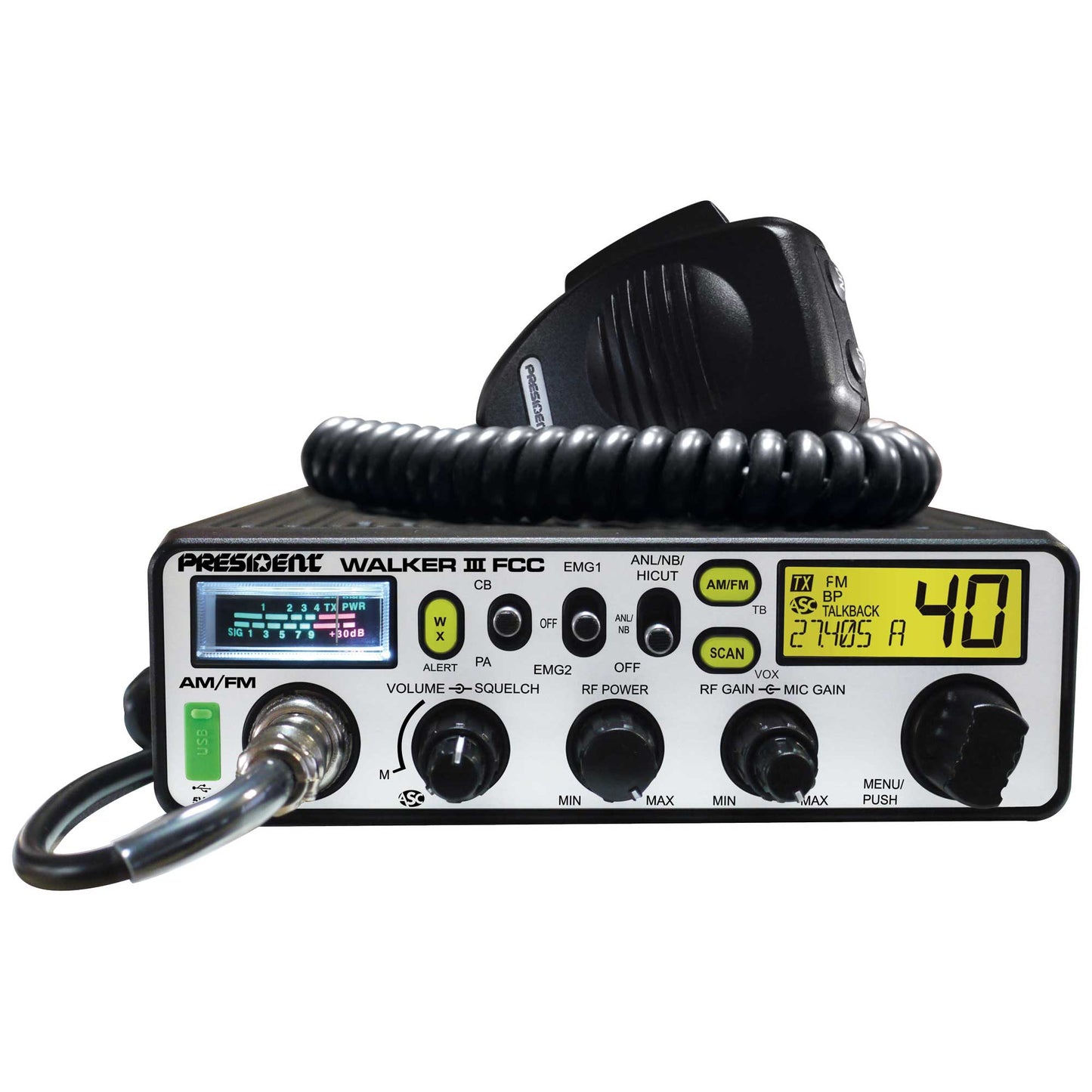 PRESIDENT - WALKER III FCC 40 CHANNEL AM/FM DIN SIZE CB RADIO WITH WEATHER, VOX, USB PORT