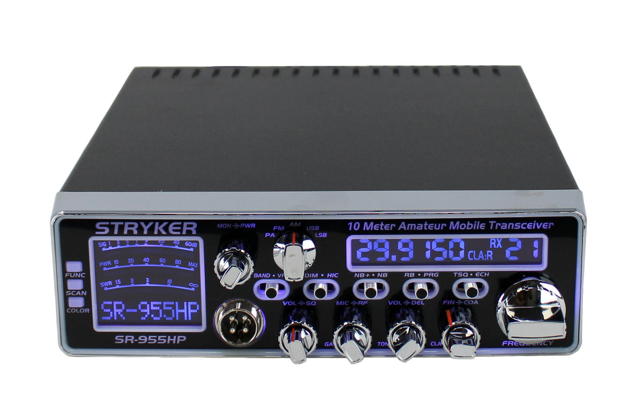 STRYKER SR955HPC 60 WATTS AM/FM/SSB 10 METER RADIO WITH 7 SELECTABLE FACE COLORS, 6 ROGER BEEPS, ECHO, TALKBACK, BUILT-IN SWR CIRCUIT